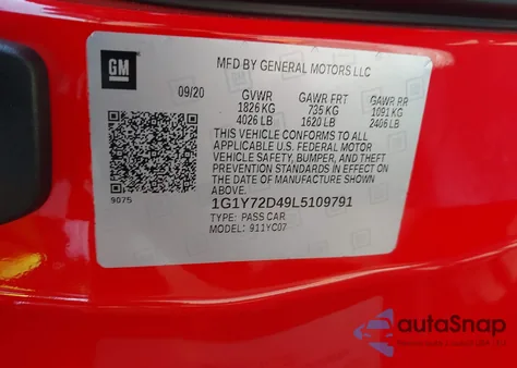 2020 Chevrolet Corvette Stingray Rwd 2Lt from USA, damaged, VIN 1G1Y72D49L5109791